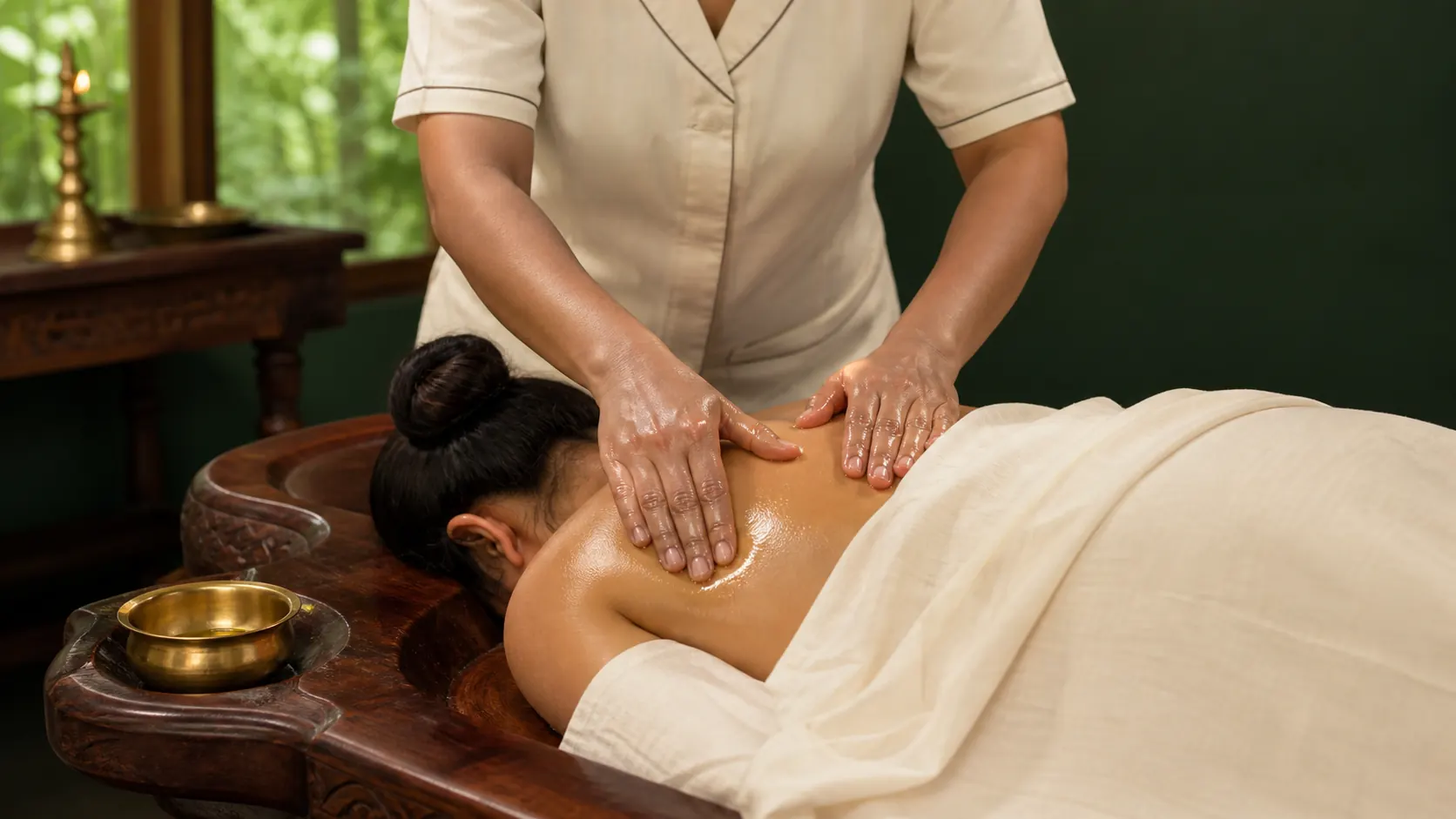 A trained therapist performing abhyanga — warm herbal oil massage — on a patient lying on a carved wooden droni in a Kerala treatment room