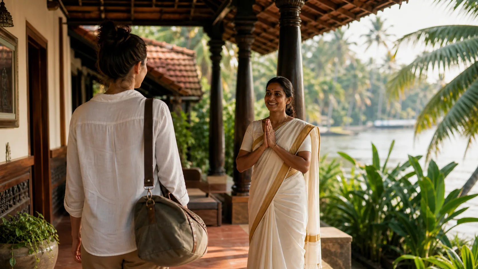 A staff member in traditional Kerala dress welcoming an arriving guest with a namaste on the veranda of an Ayurveda retreat by the backwater