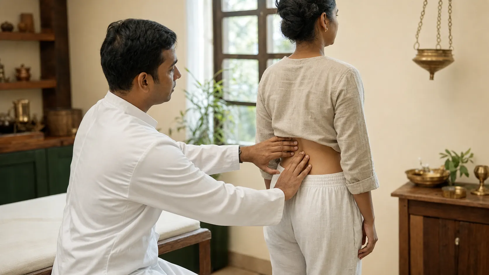 An Ayurveda physician gently examining a patient's lower back in a bright Kerala clinic room