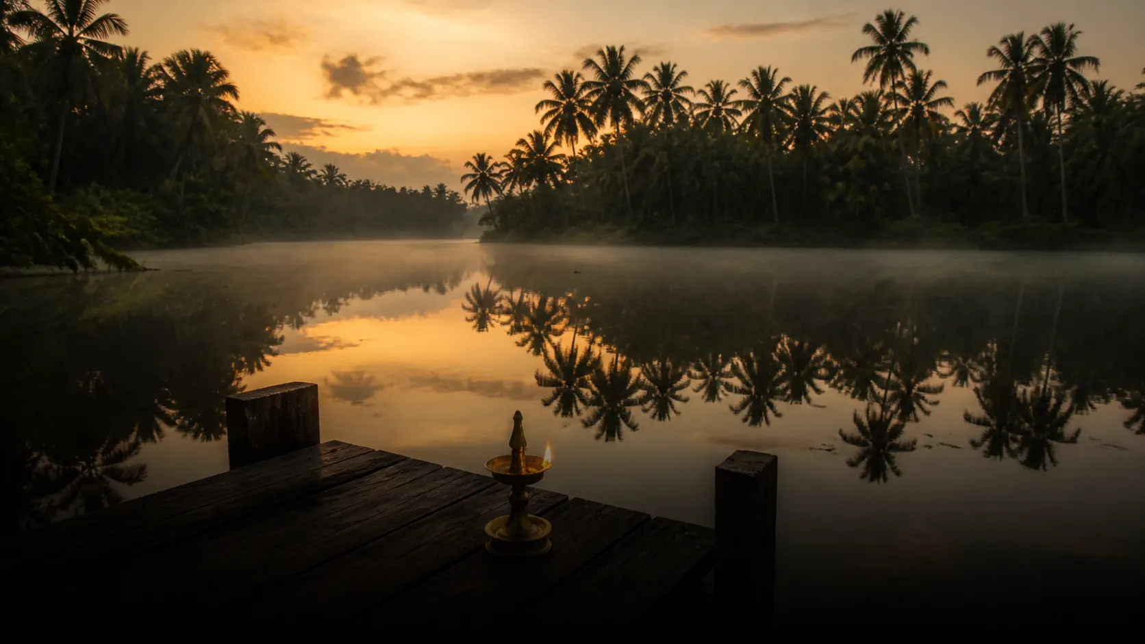 Golden dusk over Kerala backwaters — palms mirrored in still water, a lit brass lamp on a wooden jetty