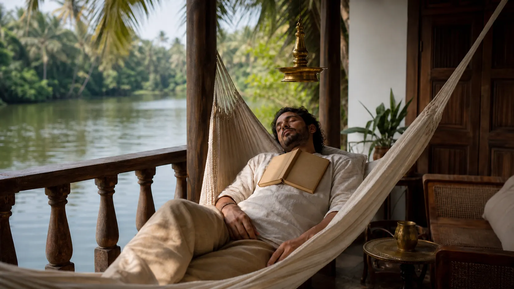 A guest resting in a hammock on a shaded veranda by a Kerala backwater, book set down, eyes closed