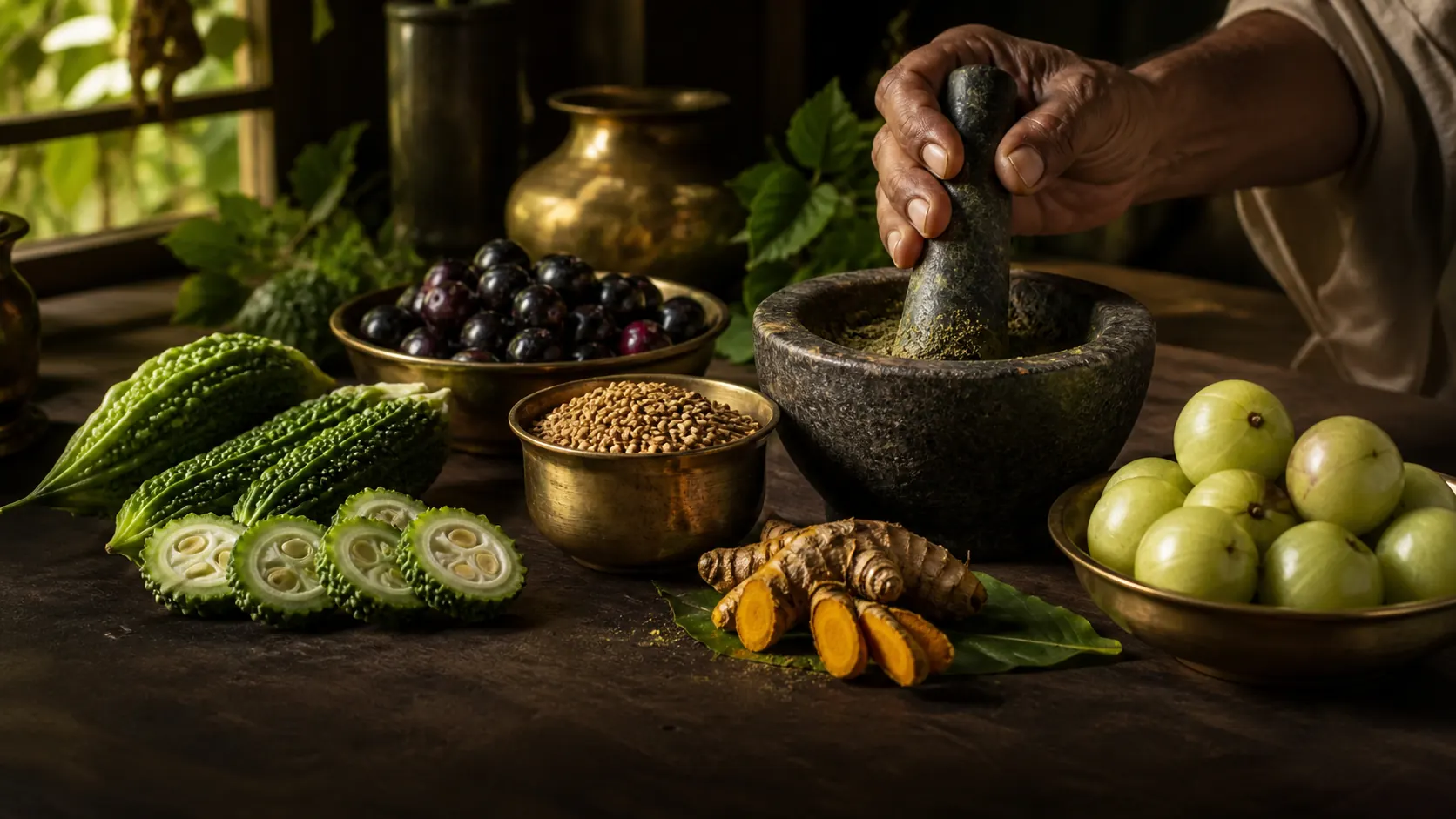 Classical Ayurvedic bitter herbs — bitter gourd, fenugreek, jamun, amla and turmeric — arranged on a dark wooden table