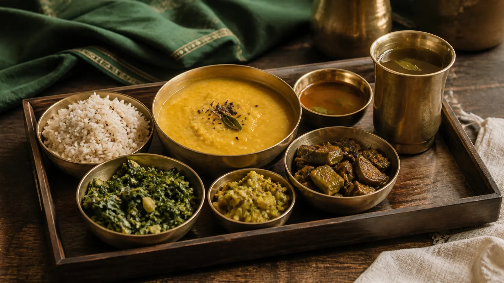 A calibrated Ayurvedic meal — small neat portions in matching brass bowls on a wooden tray