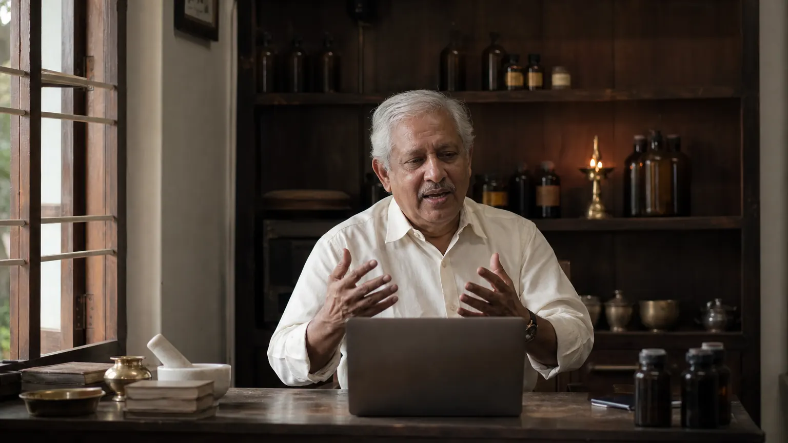 A senior Kerala Ayurvedic physician at his consulting desk during an online video consultation, brass lamp lit beside the laptop