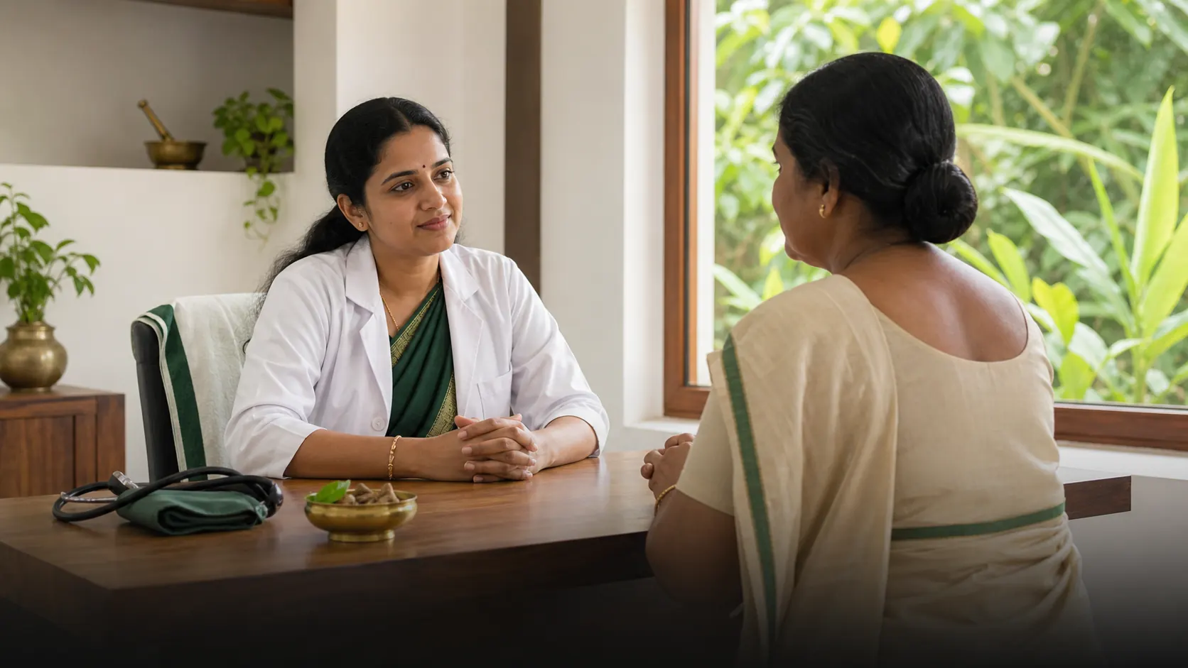 An Ayurveda physician in consultation with a patient in a bright Kerala hospital room