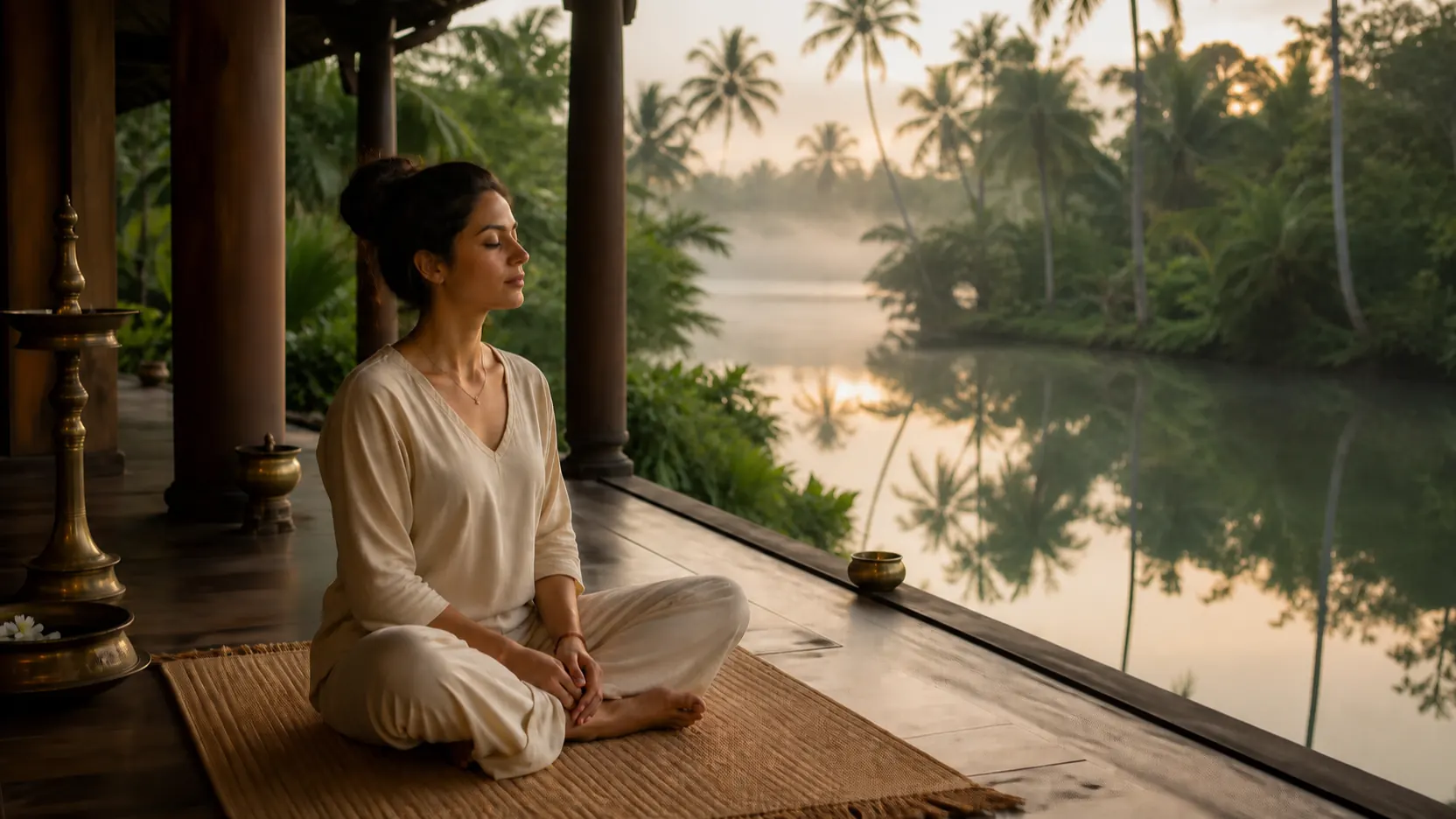 A young woman in gentle seated yoga at dawn on a Kerala retreat veranda by the backwater
