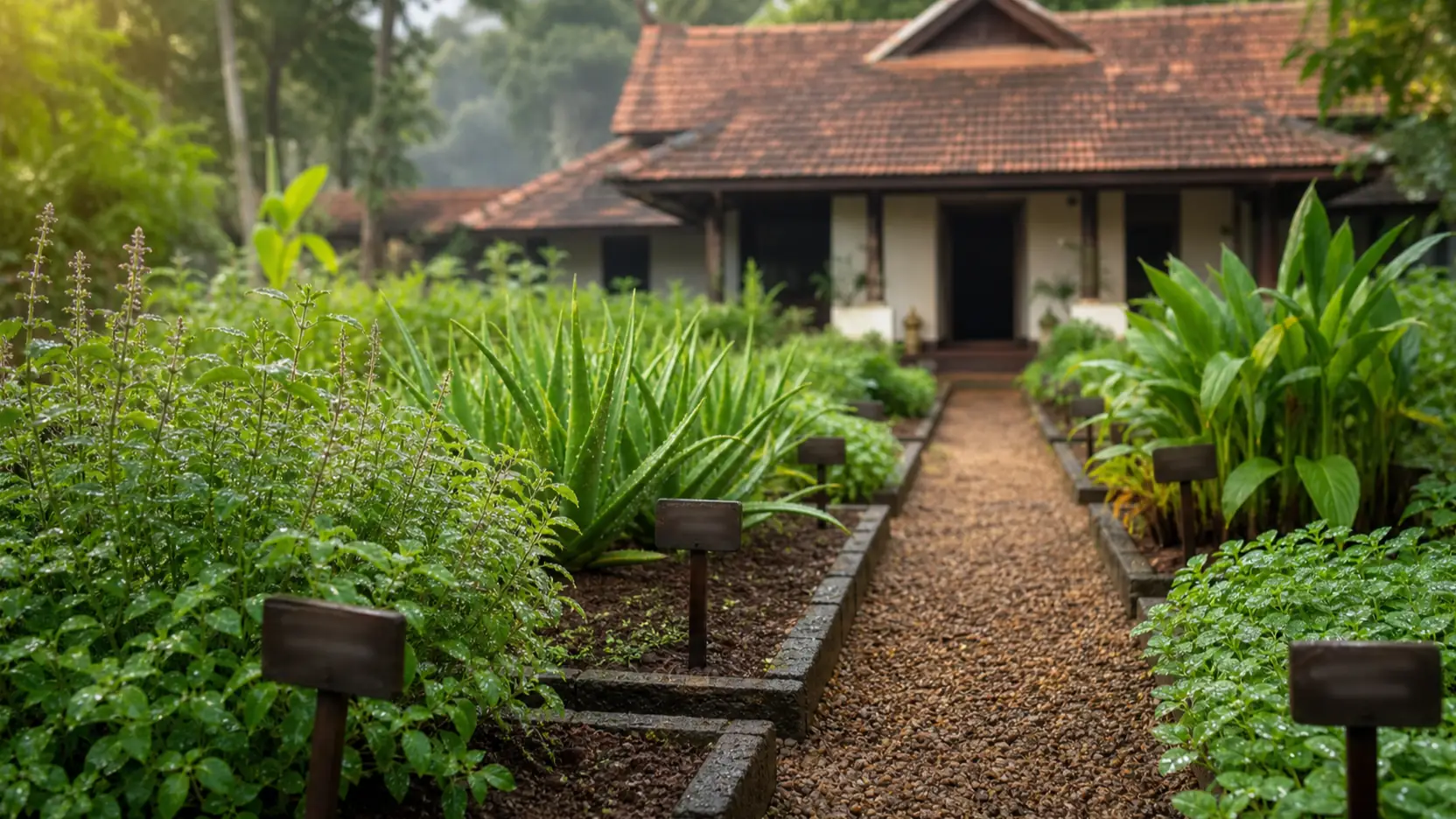 A labelled herbal garden at a certified Kerala Ayurveda centre — beds of tulsi, aloe and medicinal plants with wooden name stakes