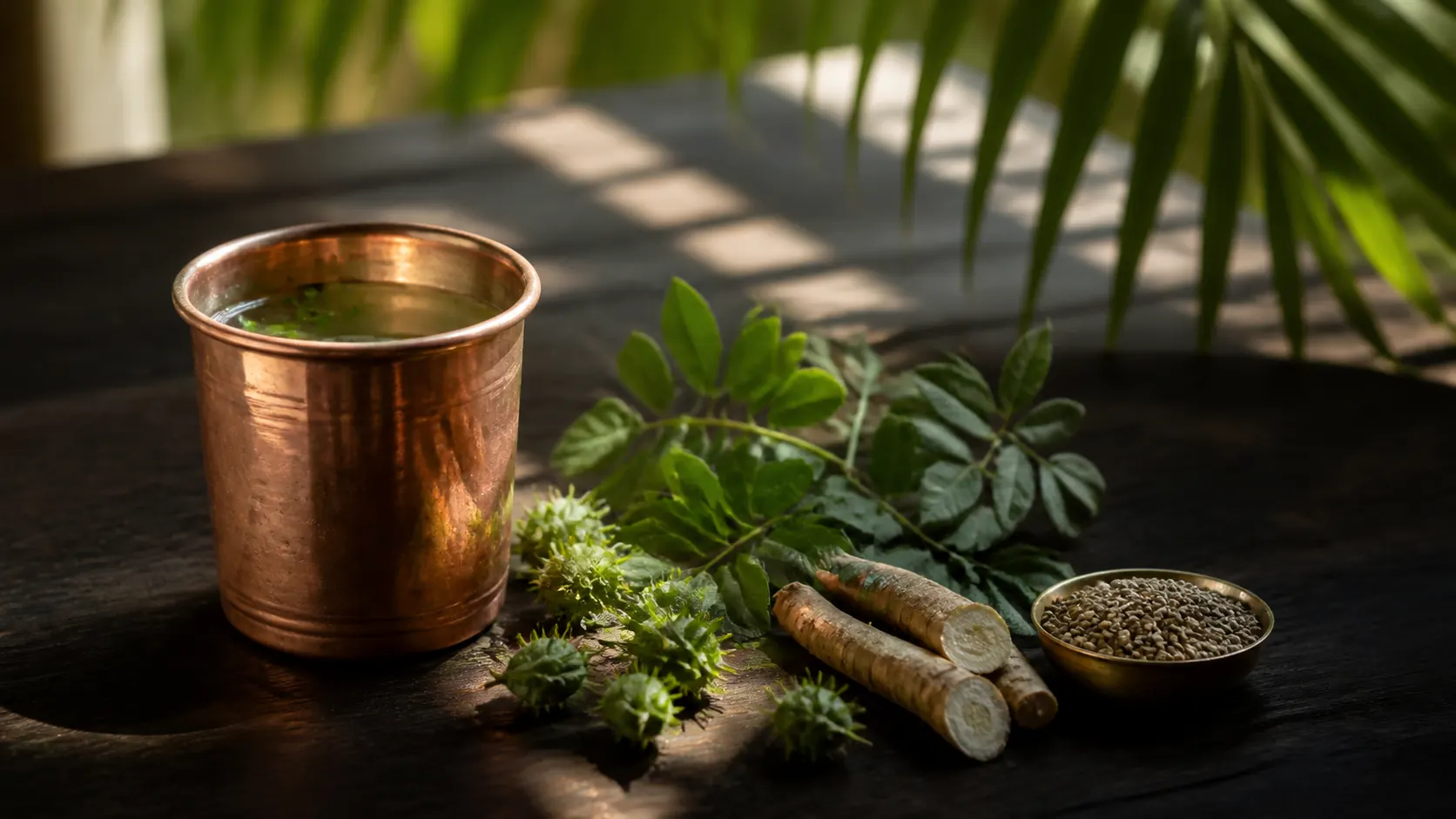 A copper tumbler of herbal-infused water beside fresh medicinal herbs and seeds on a dark wooden table