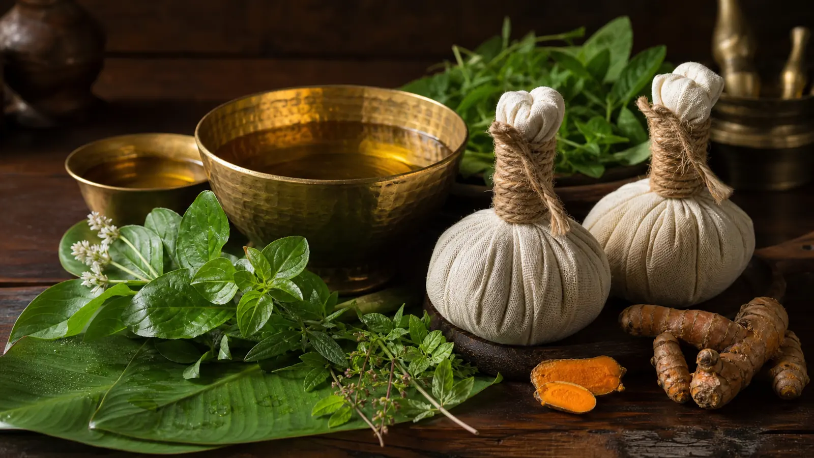Brass bowls of herbal oil, fresh herbs and kizhi poultice bundles prepared for Ayurvedic treatment