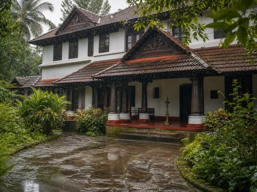 The lamplit entrance veranda of a century-old Kerala Ayurveda hospital with teak pillars