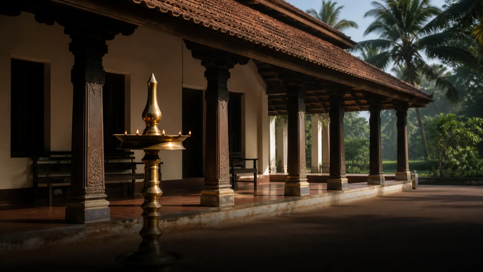 The veranda of a heritage Kerala Ayurveda hospital — carved wooden pillars, terracotta roof and a brass nilavilakku lamp in morning light