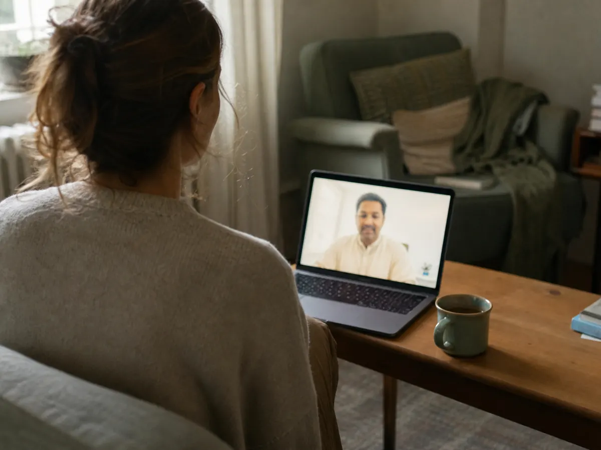 A patient at home on a video call with an Ayurvedic physician, herbal tea beside the laptop