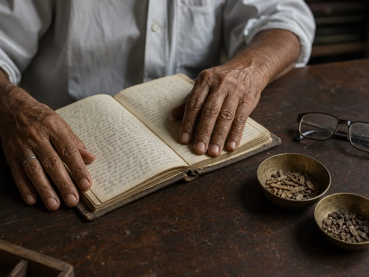 An Ayurvedic physician's hands over an open intake ledger with herbs and brass bowls on the desk
