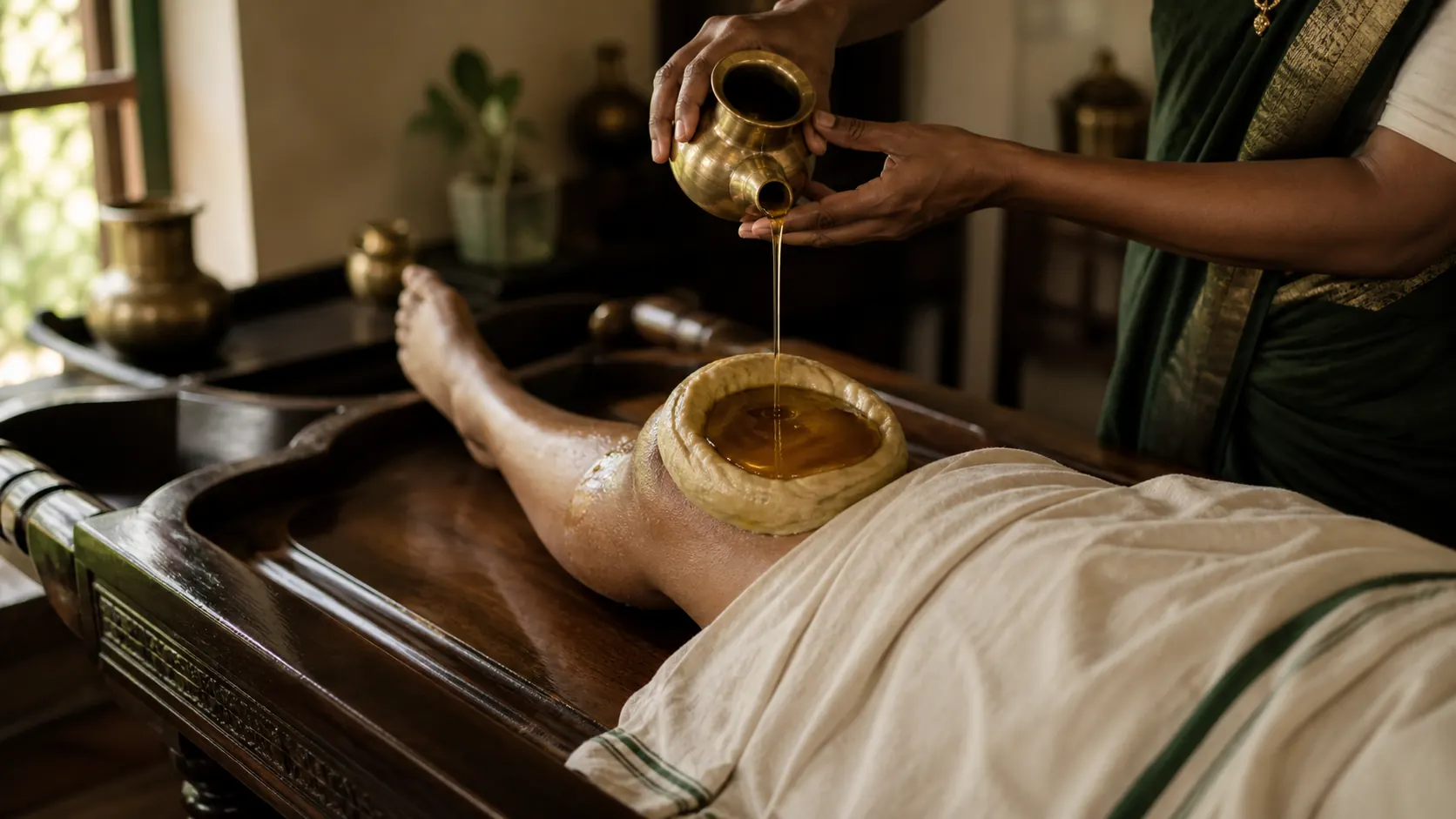 Janu vasti — a ring of herbal dough on the knee holding warm medicated oil, a Kerala Ayurveda therapy for the joints