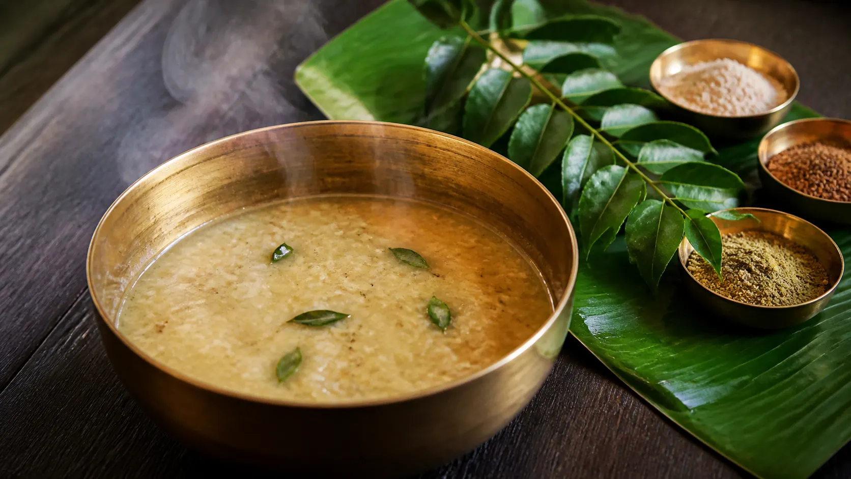 A warm bowl of Kerala medicinal rice gruel (kanji) with herbs on a dark wooden table