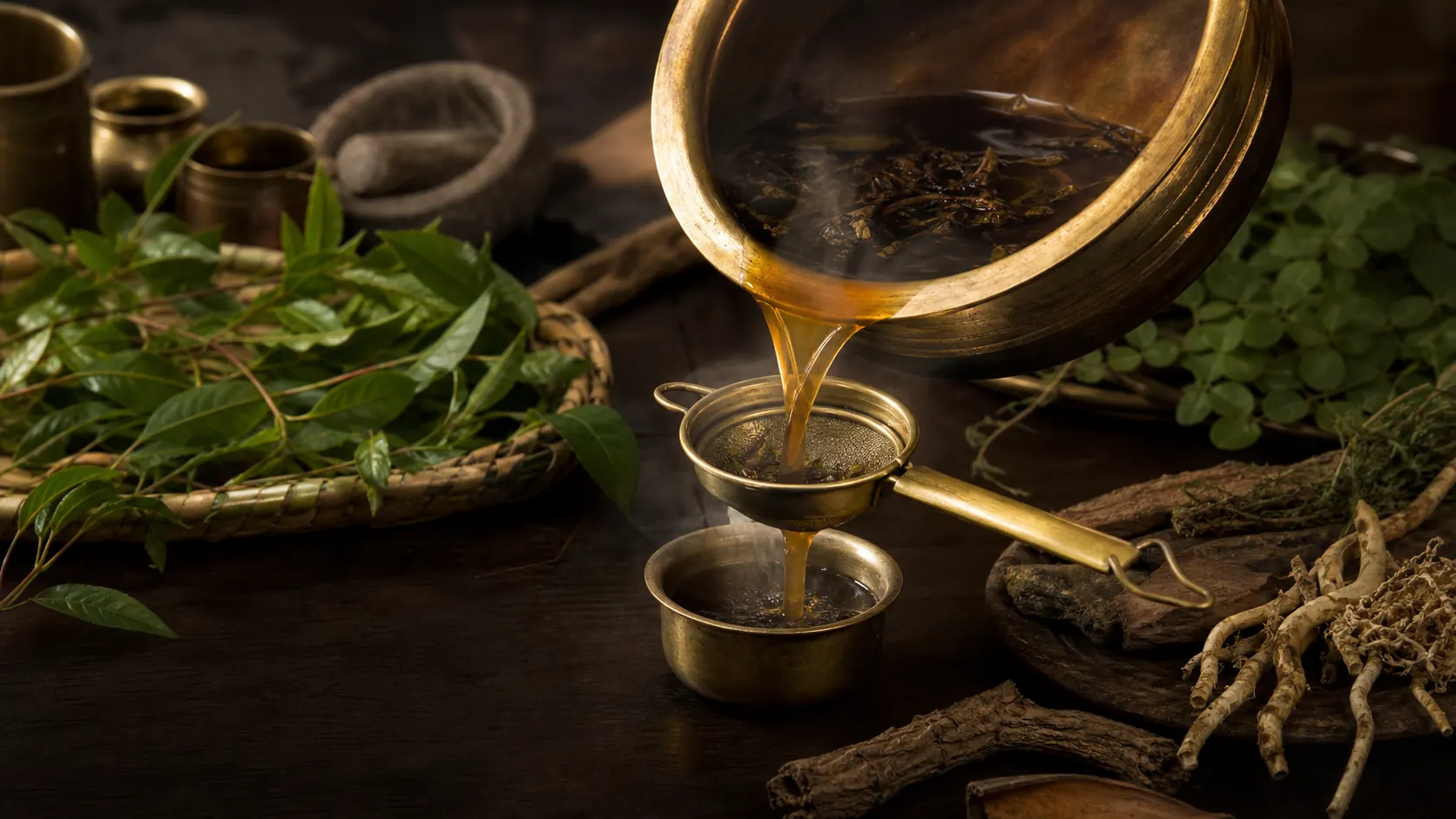 Kashayam — a Kerala Ayurveda herbal decoction being strained from a bronze urali into a cup, with fresh herbs and roots