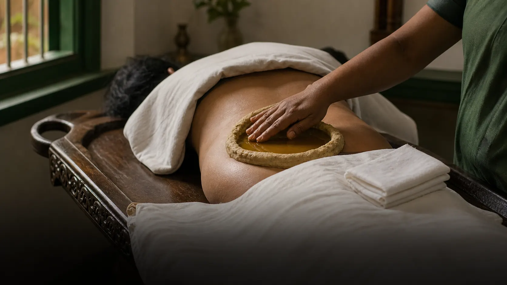 Kati vasti — a ring of herbal dough on the lower back holding warm medicated oil, a Kerala Ayurveda therapy for back pain
