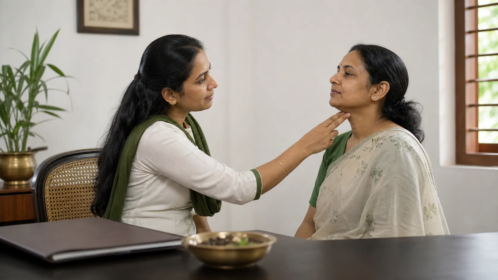 An Ayurveda physician gently examining the neck of a patient in a bright Kerala clinic room