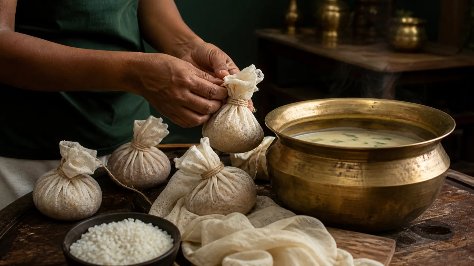 Njavarakizhi preparation — muslin boluses of medicinal rice being tied, with a brass pot of milk-and-herb decoction