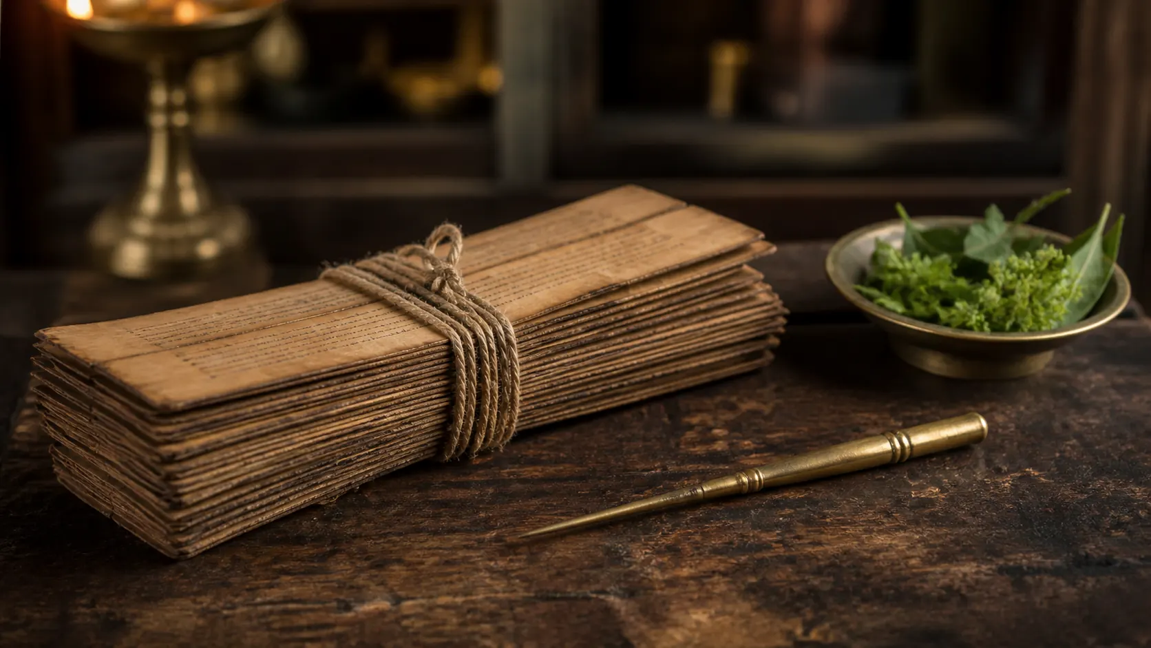 A bundle of palm-leaf manuscript pages tied with cord beside a brass stylus and a bowl of fresh herbs — the thaliyola tradition of Kerala Ayurveda