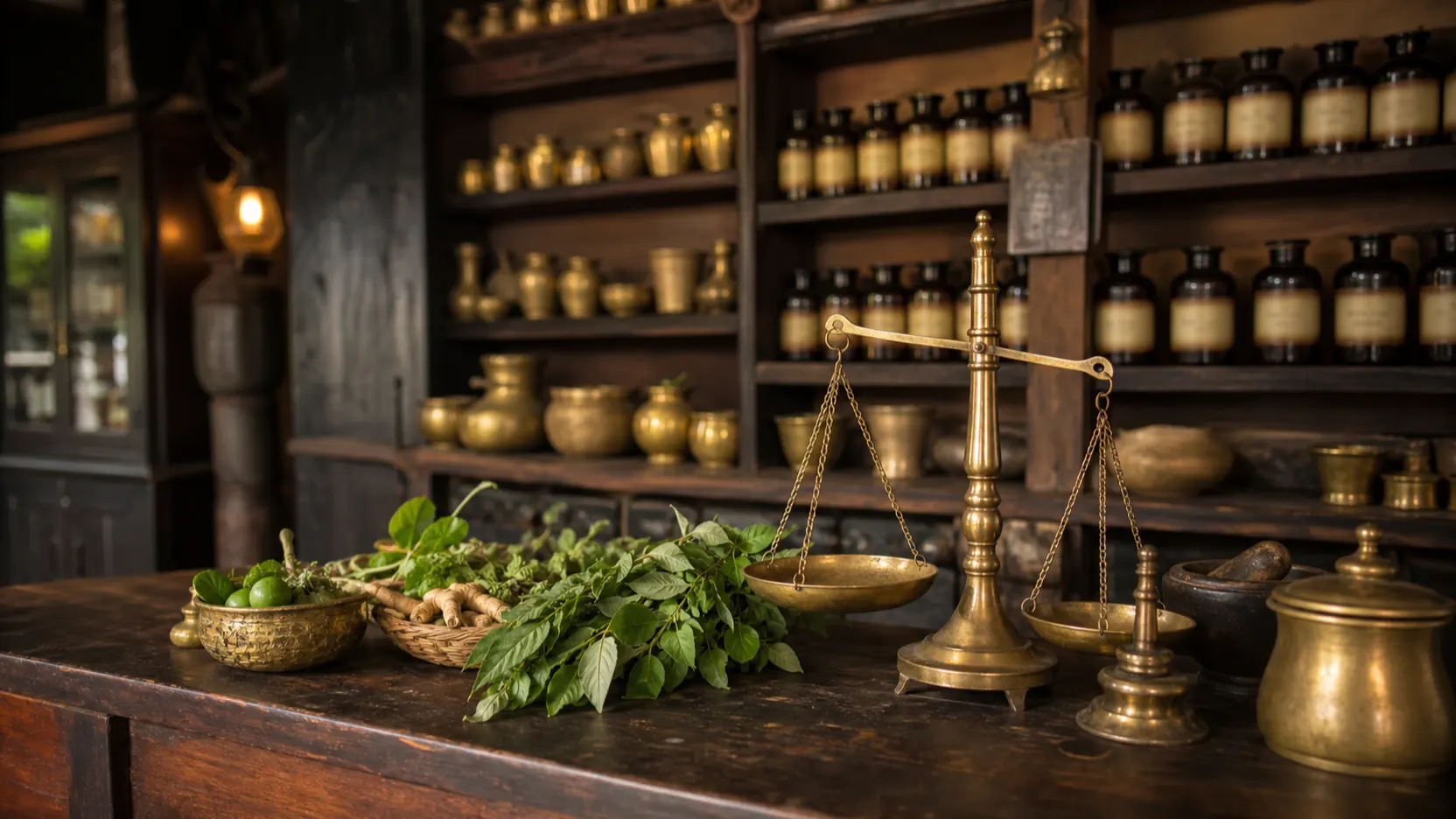 A traditional Kerala Ayurveda pharmacy — shelves of brass vessels and bottled herbal medicines behind a counter with a balance scale and fresh herbs