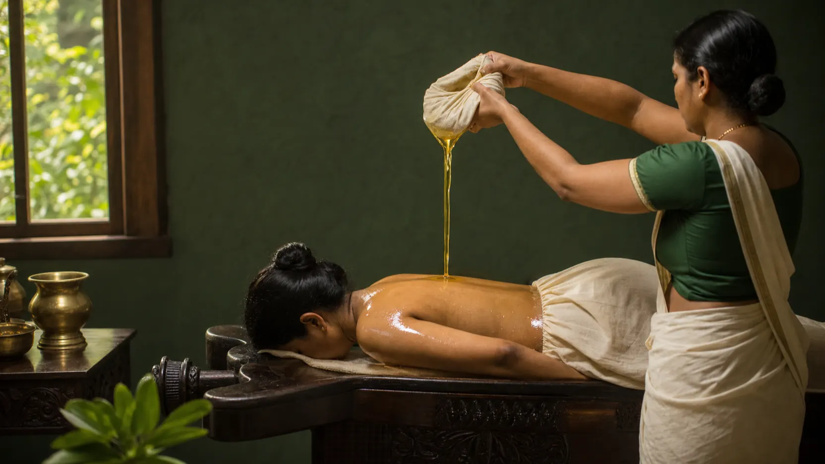 Pizhichil — warm herbal oil poured from a cloth over a patient on a carved wooden droni at a Kerala Ayurveda centre