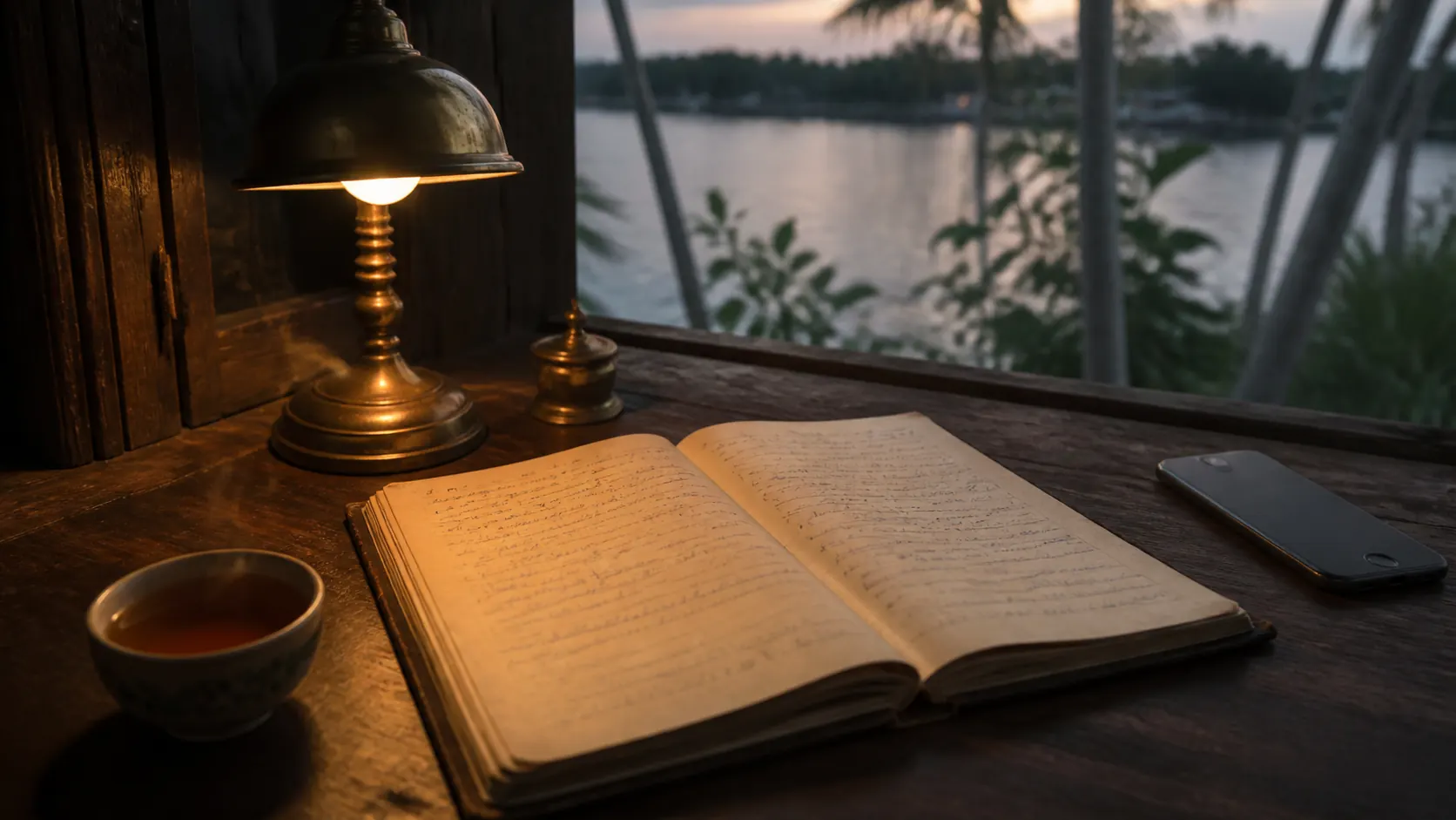 The Ayurbook planning desk — an open ledger, brass lamp and herbal tea by a Kerala backwater window at dusk