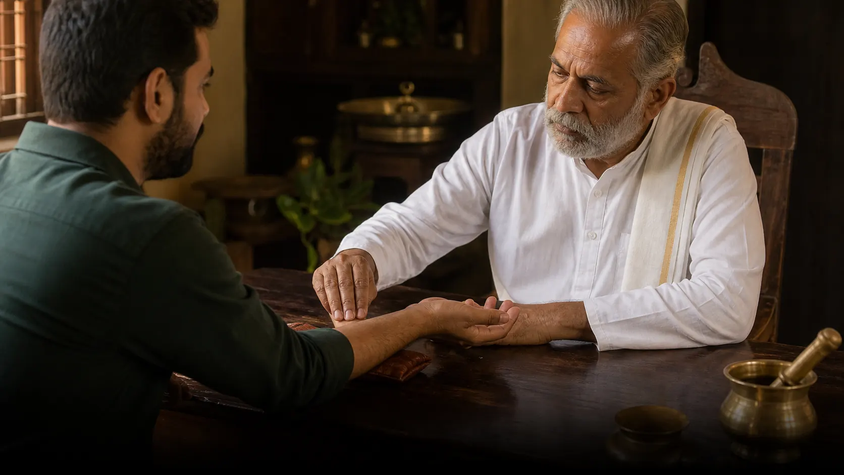 A senior Kerala Ayurveda physician performing nadi pariksha — pulse diagnosis — at a wooden desk in a traditional consultation room