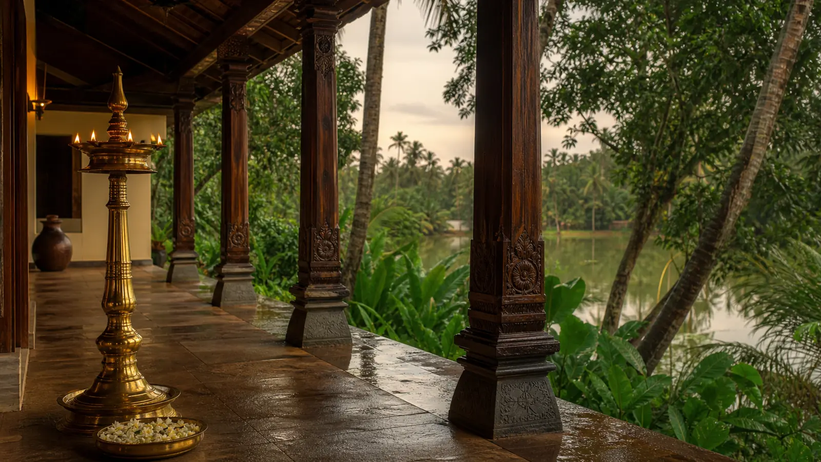 A Kerala Ayurveda resort pavilion with a traditional bronze lamp, opening onto palms and backwater