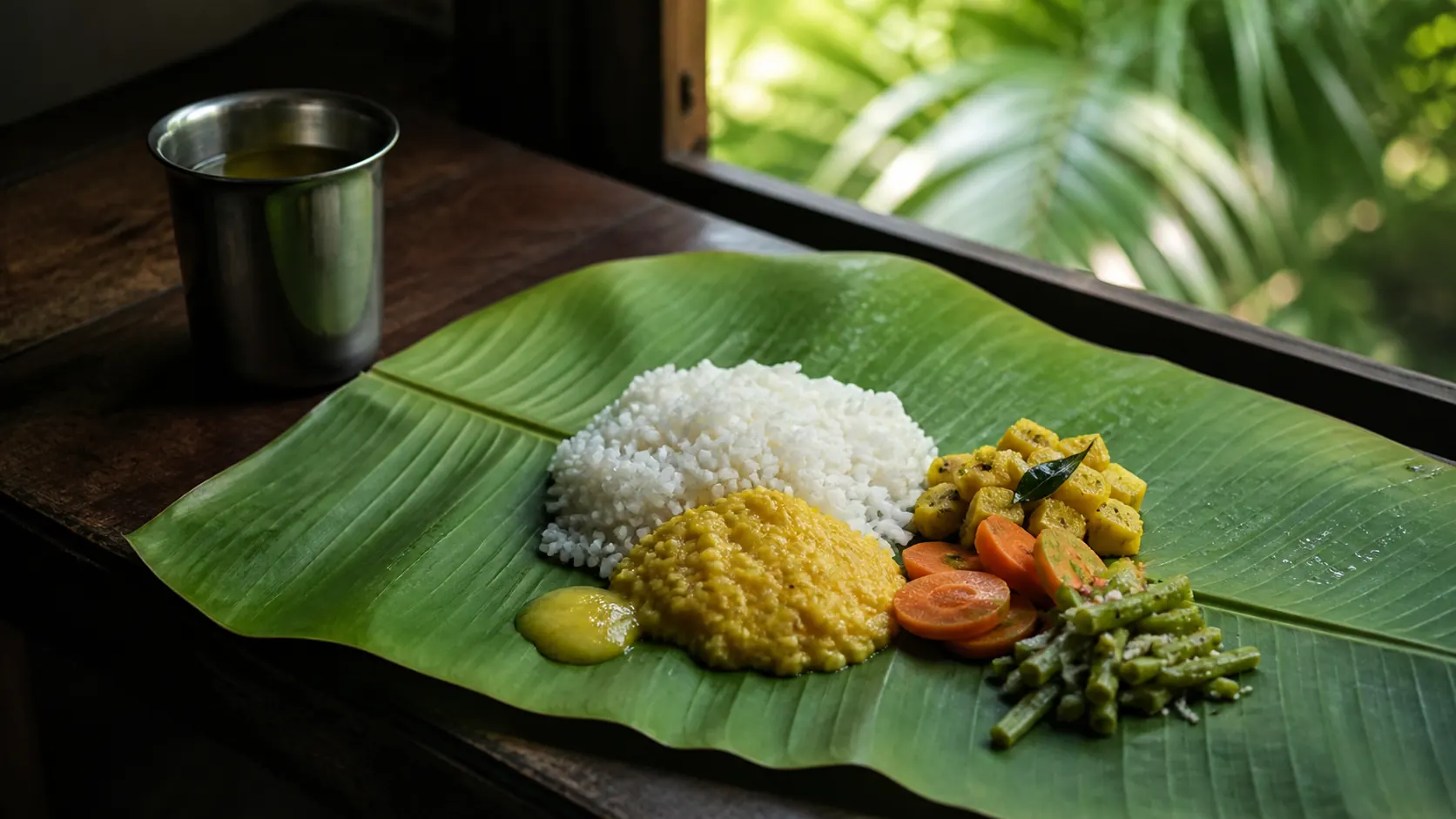 A simple Kerala vegetarian Ayurvedic meal served on a banana leaf — rice, dal, vegetables and warm herbal water
