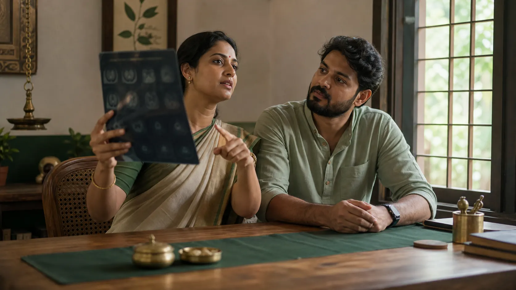 An Ayurveda physician and patient reviewing a scan film together at a wooden desk