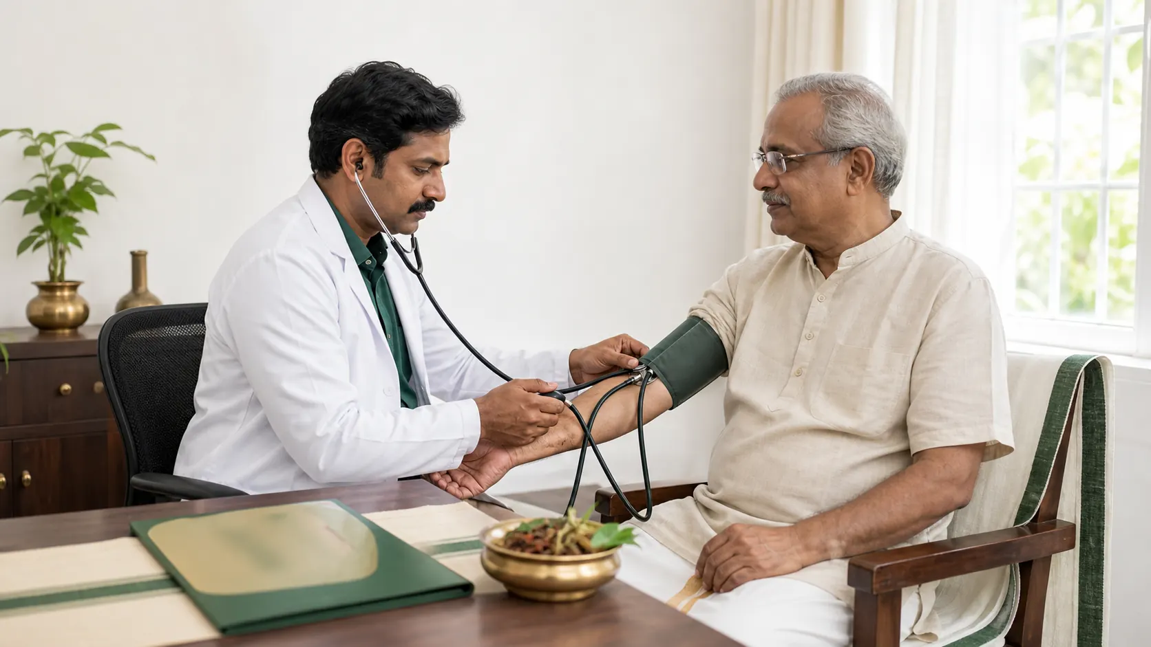 An Ayurveda physician checking a patient's blood pressure during screening at a Kerala hospital consultation room