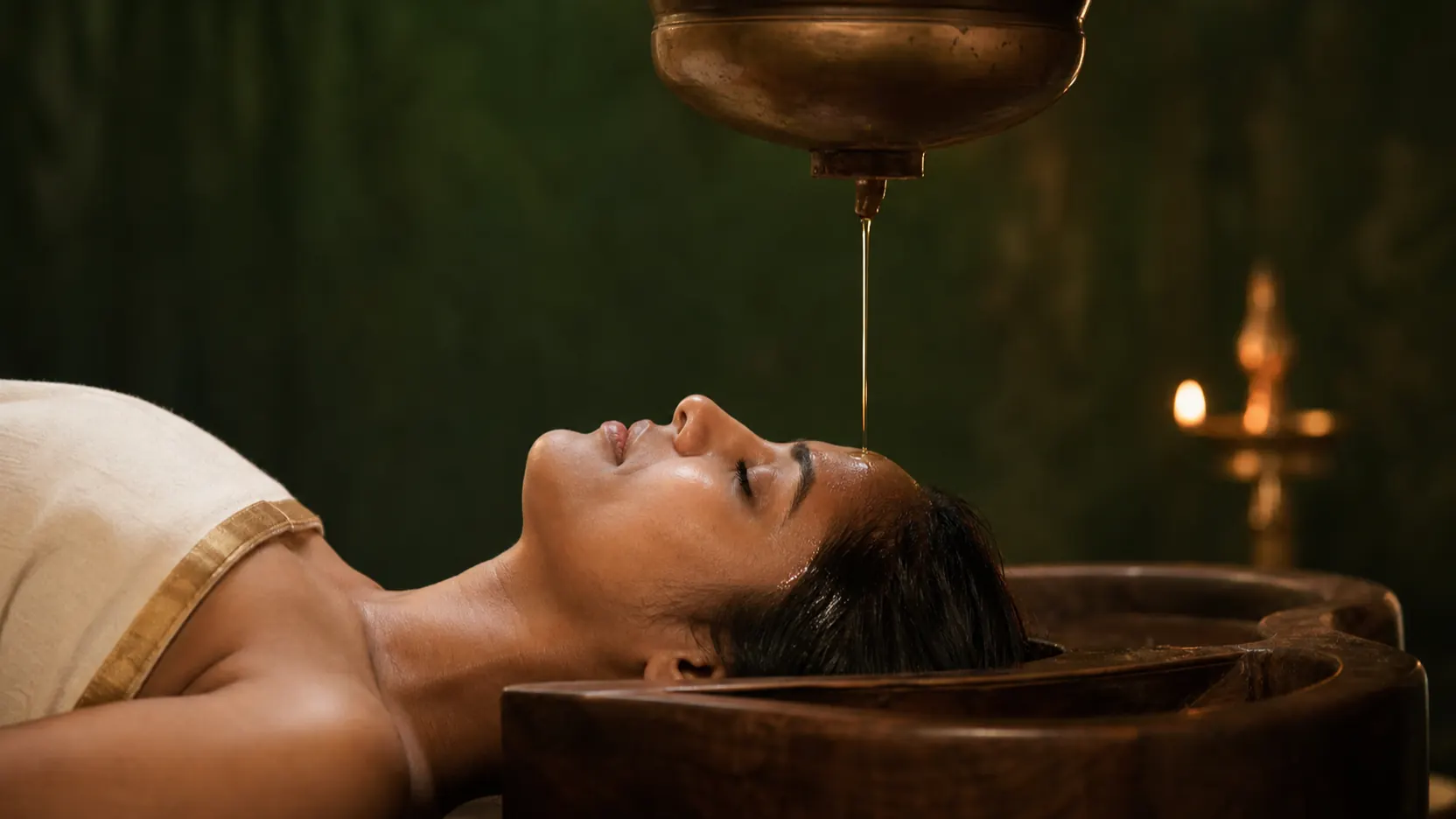 Shirodhara — a steady stream of warm oil falling onto the forehead of a deeply relaxed patient in a tranquil Kerala treatment room