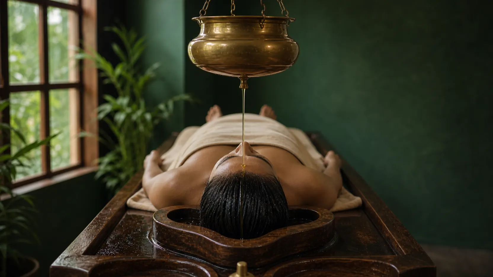 Shirodhara — a stream of warm herbal oil poured from a brass vessel at a Kerala Ayurveda centre