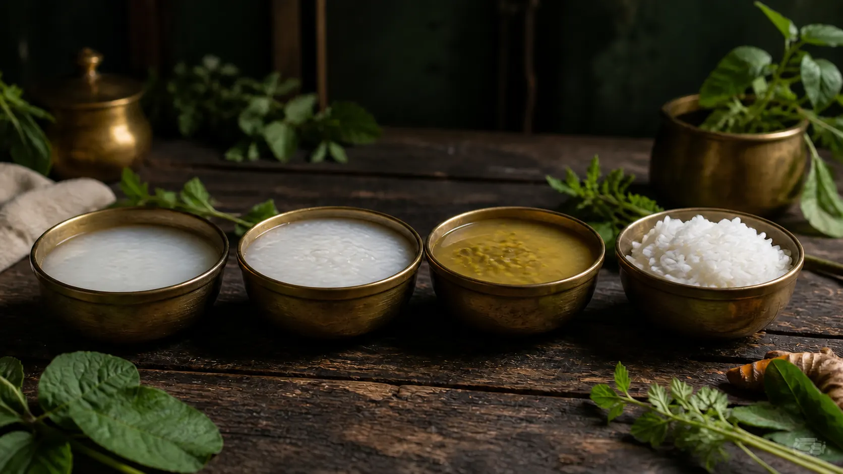 The staged recovery diet — brass bowls of thin gruel, thick gruel, mung soup and rice in a Kerala treatment kitchen