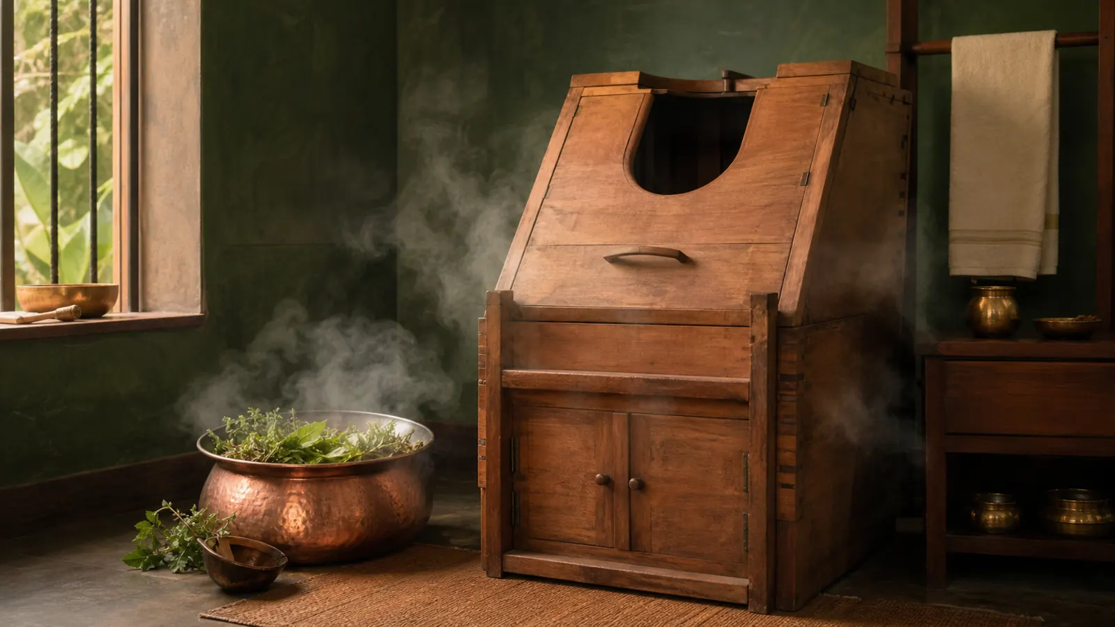 A traditional wooden swedana steam box with a copper pot of steaming herbs at a Kerala treatment room