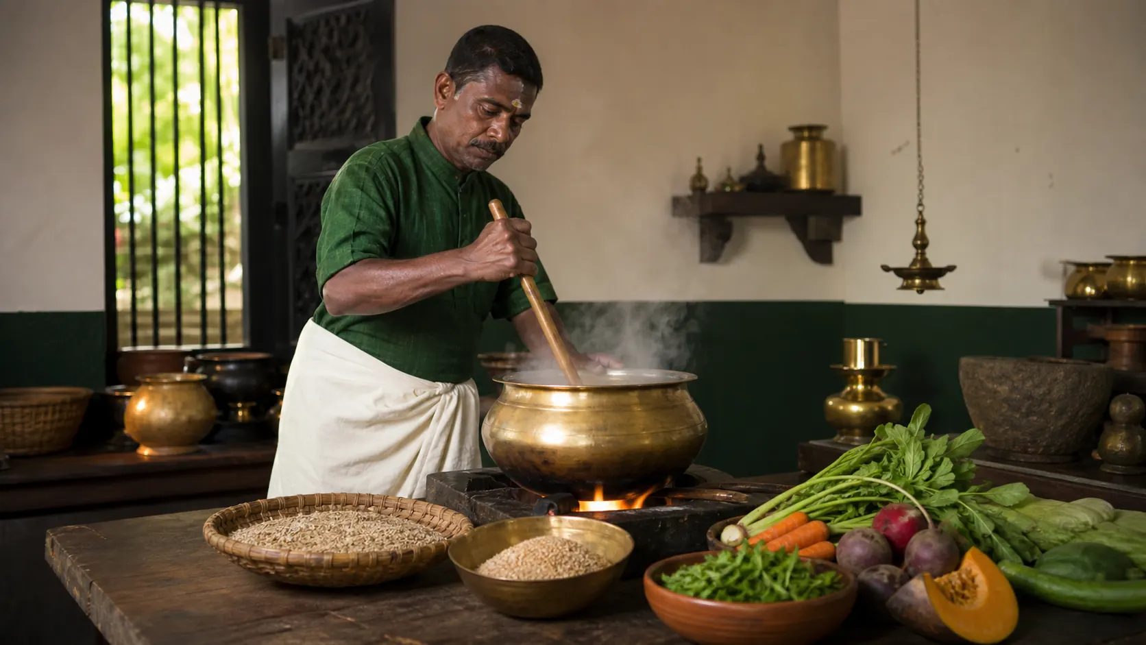 A cook stirring a brass pot in a Kerala Ayurveda treatment kitchen, barley and vegetables on the counter
