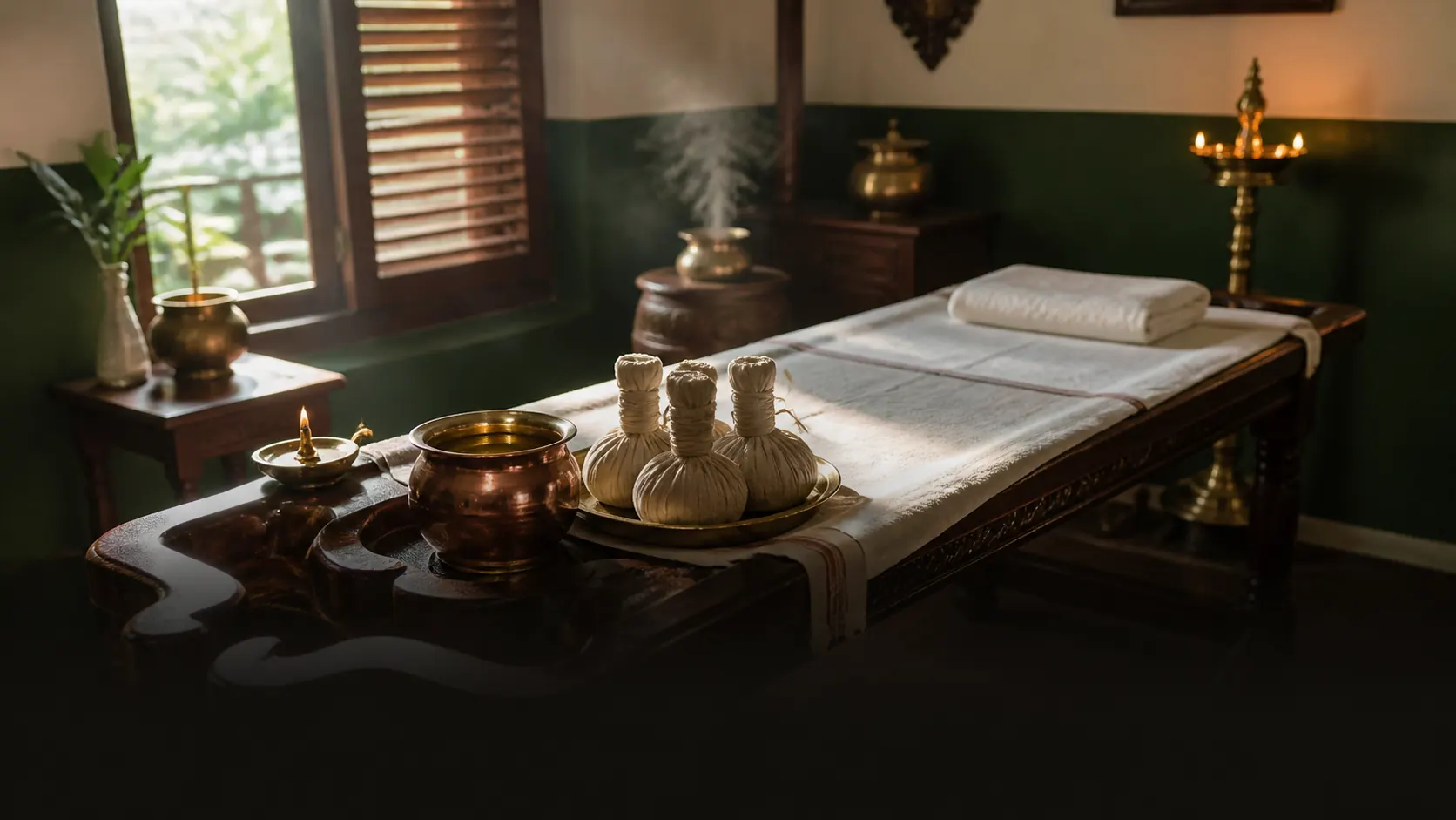 A Kerala Ayurveda treatment room prepared and waiting — carved wooden droni, kizhi herb bundles on a brass tray, warm oil and a lit lamp