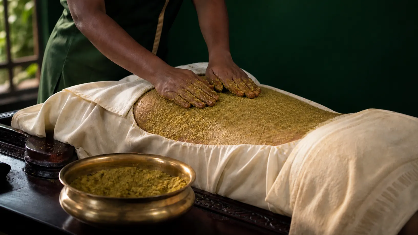 Udvartana — a therapist massaging dry herbal powder upward along a patient's back, a classical Kerala therapy
