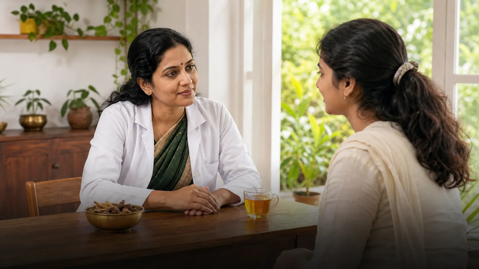 A female Kerala Ayurveda physician in warm consultation with a young woman patient in a bright clinic room