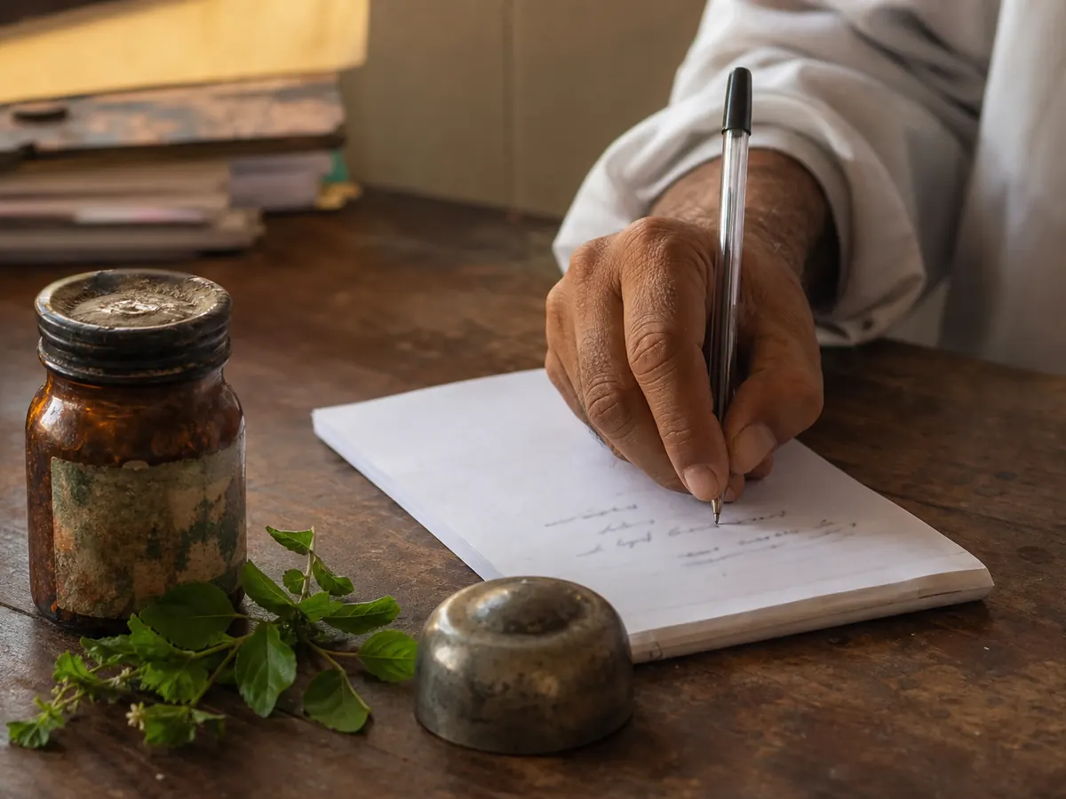 An Ayurvedic physician writing a personal treatment plan by hand, kashayam bottle and fresh tulsi beside